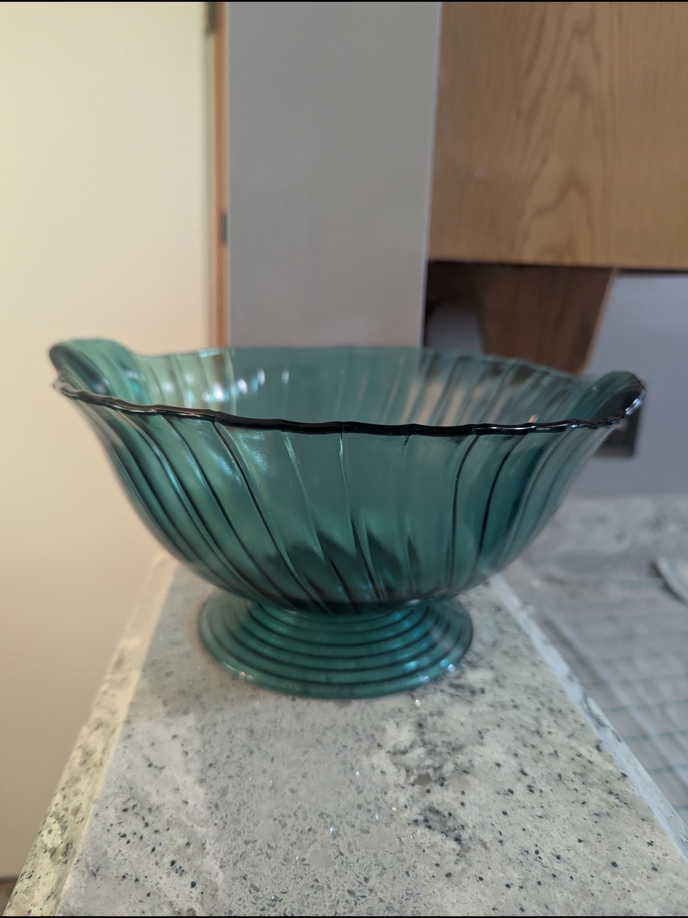 Jeanette Ultramarine Swirl Depression Glass Footed Bowl Teal Green Aqua 10.5 Vtg
